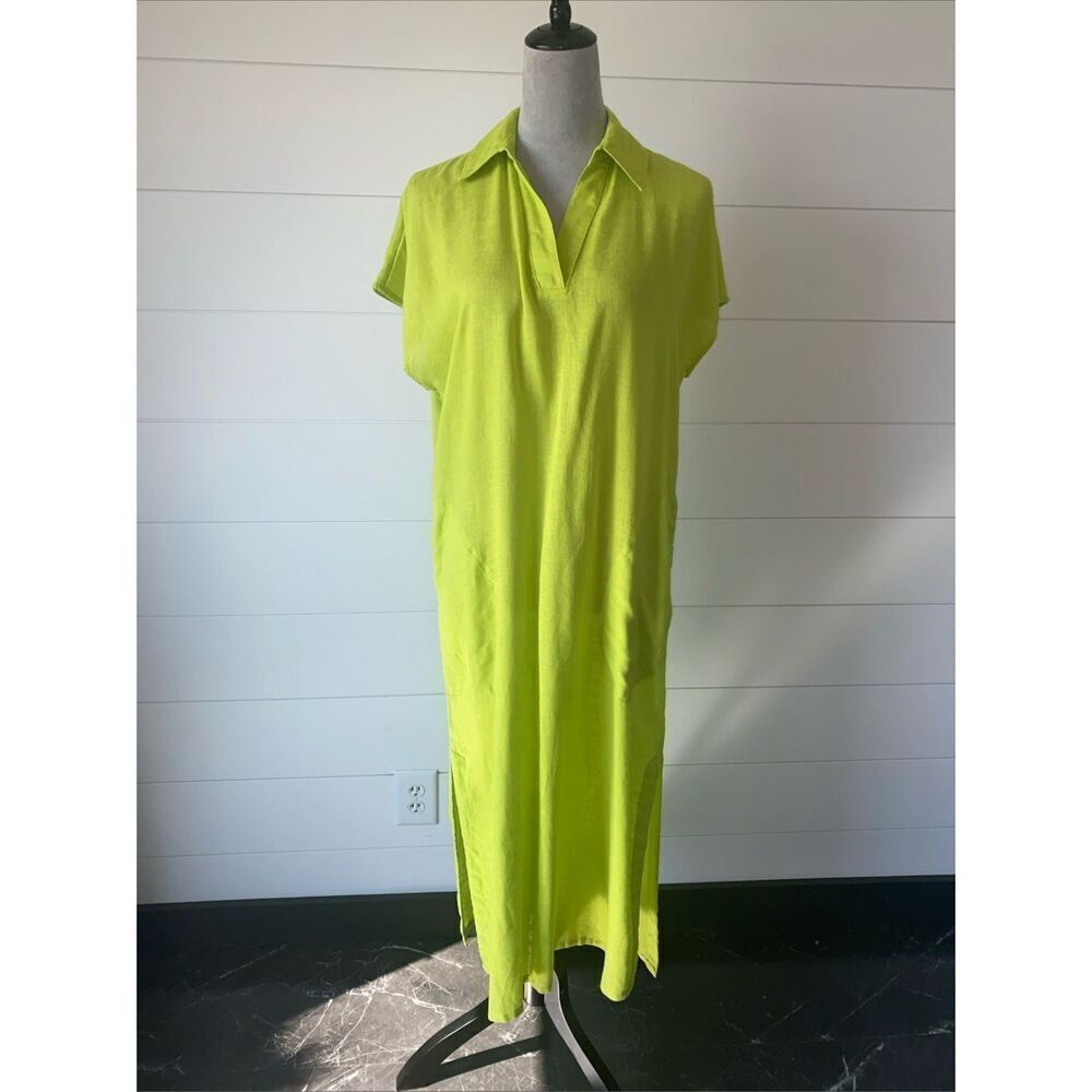 TAHARI Lime Green Linen Blend Midi Lagenlook Dress Pockets Size M NWT/0207